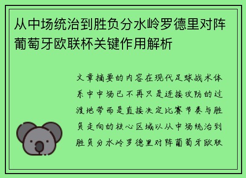 从中场统治到胜负分水岭罗德里对阵葡萄牙欧联杯关键作用解析